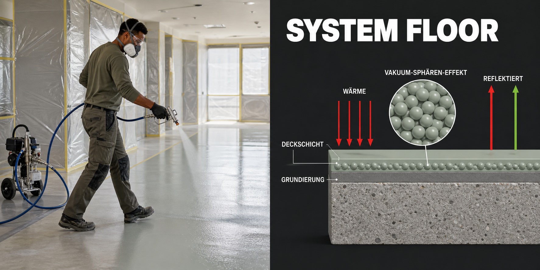 System Floor der Vakuum-Sphären-Dämmung, Boden, mit Schnittgrafik des Schichtaufbaus