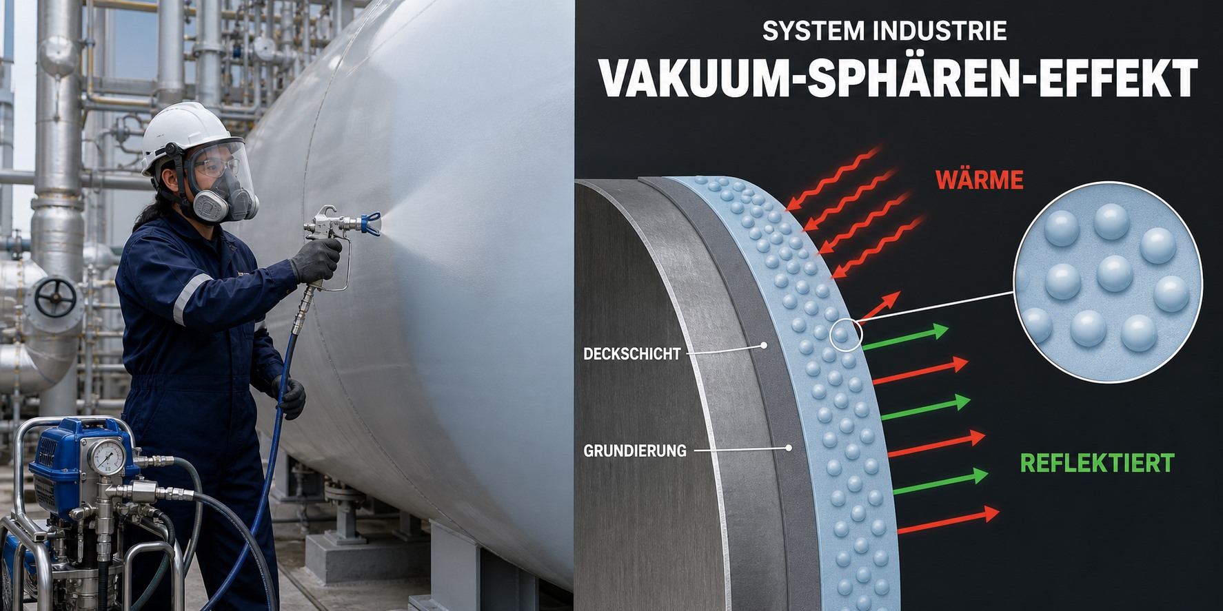 System Industrie der Vakuum-Sphären-Dämmung, Behälter und Leitungen, mit Schnittgrafik des Schichtaufbaus