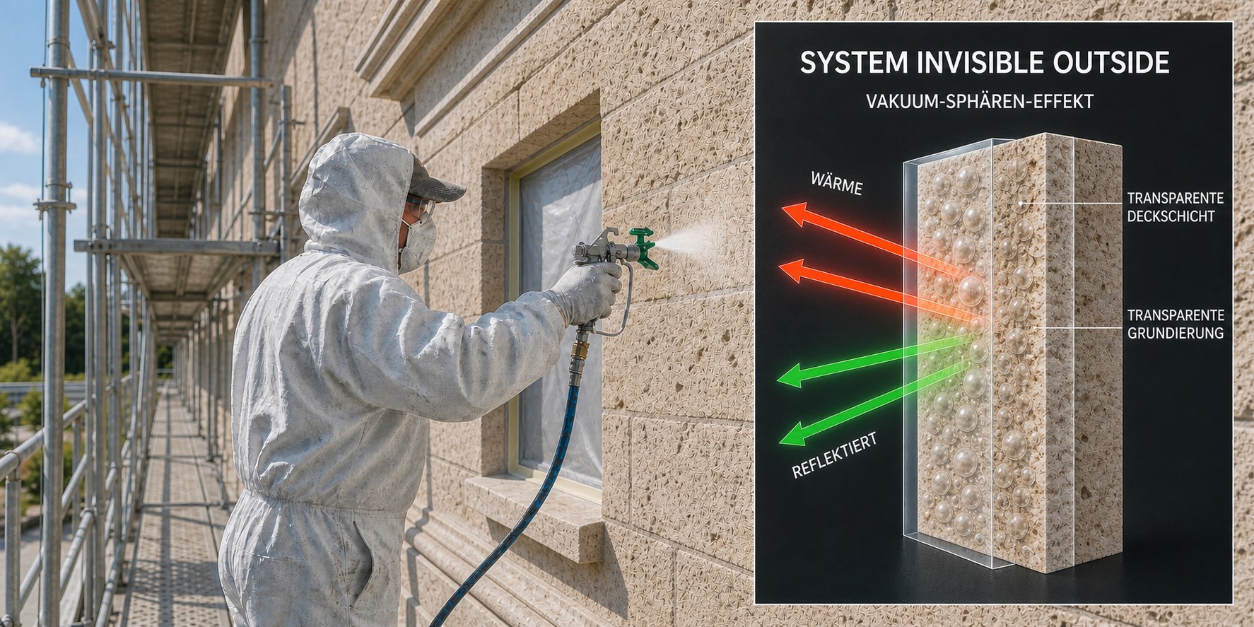 System Invisible Outside der Vakuum-Sph&auml;ren-D&auml;mmung, Fassade, transparent, mit Schnittgrafik des Schichtaufbaus