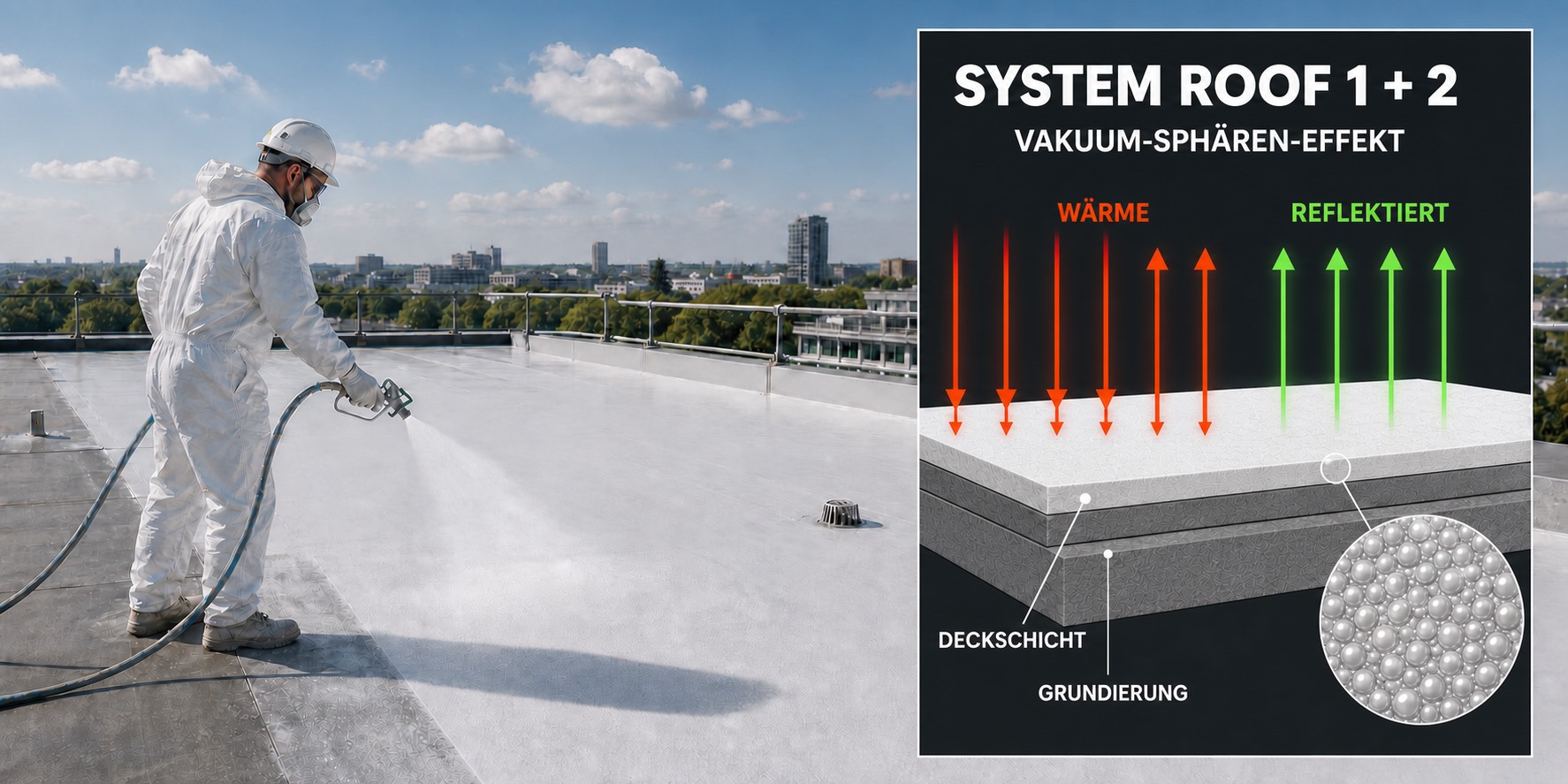 System Roof 1 + 2 der Vakuum-Sphären-Dämmung, Flachdach, mit Schnittgrafik des Schichtaufbaus