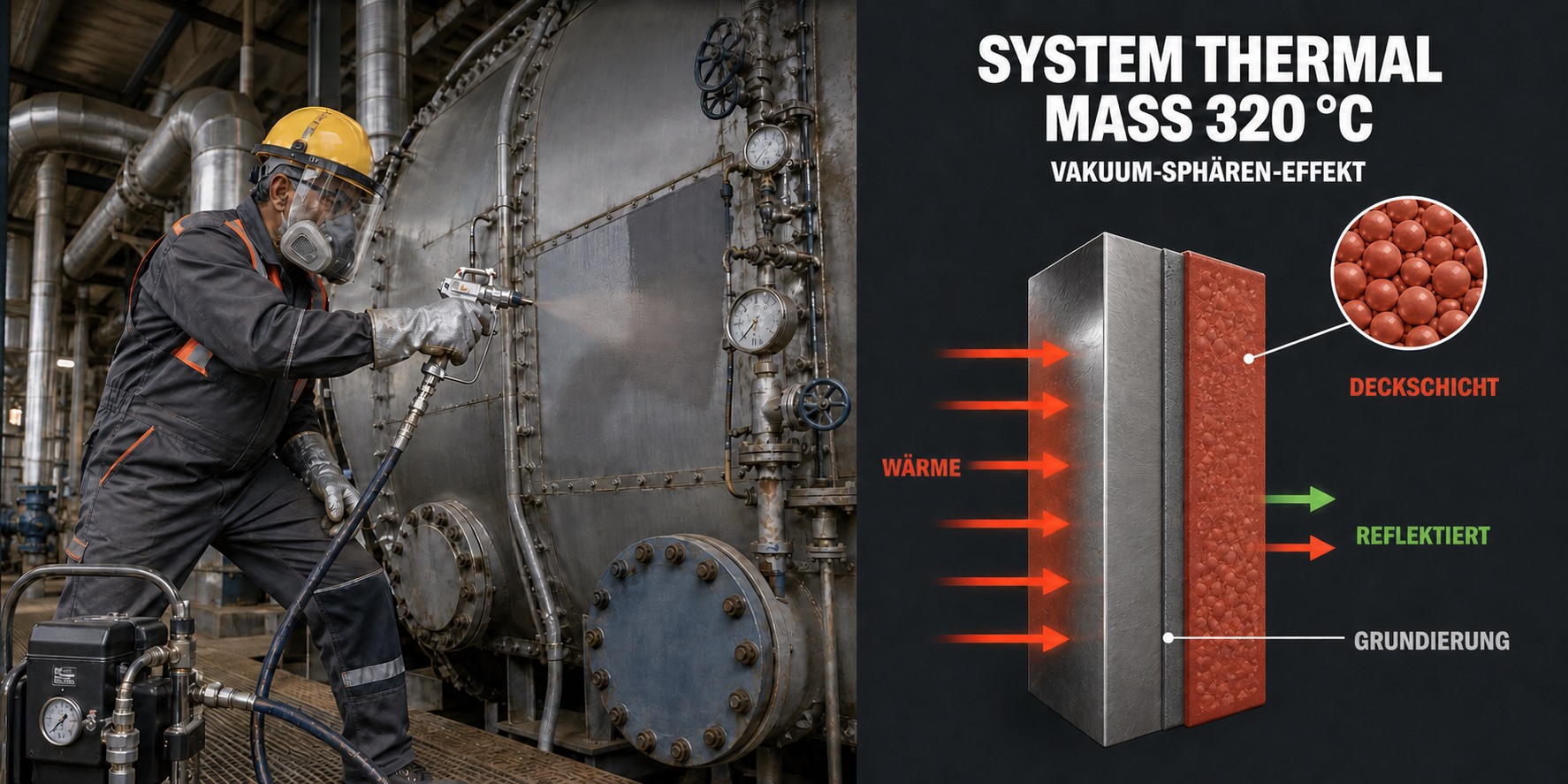 System Thermal Mass 320 °C der Vakuum-Sphären-Dämmung, Hochtemperatur, mit Schnittgrafik des Schichtaufbaus